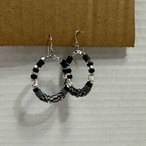 Chic Black and Silver Beaded Hoop Earrings